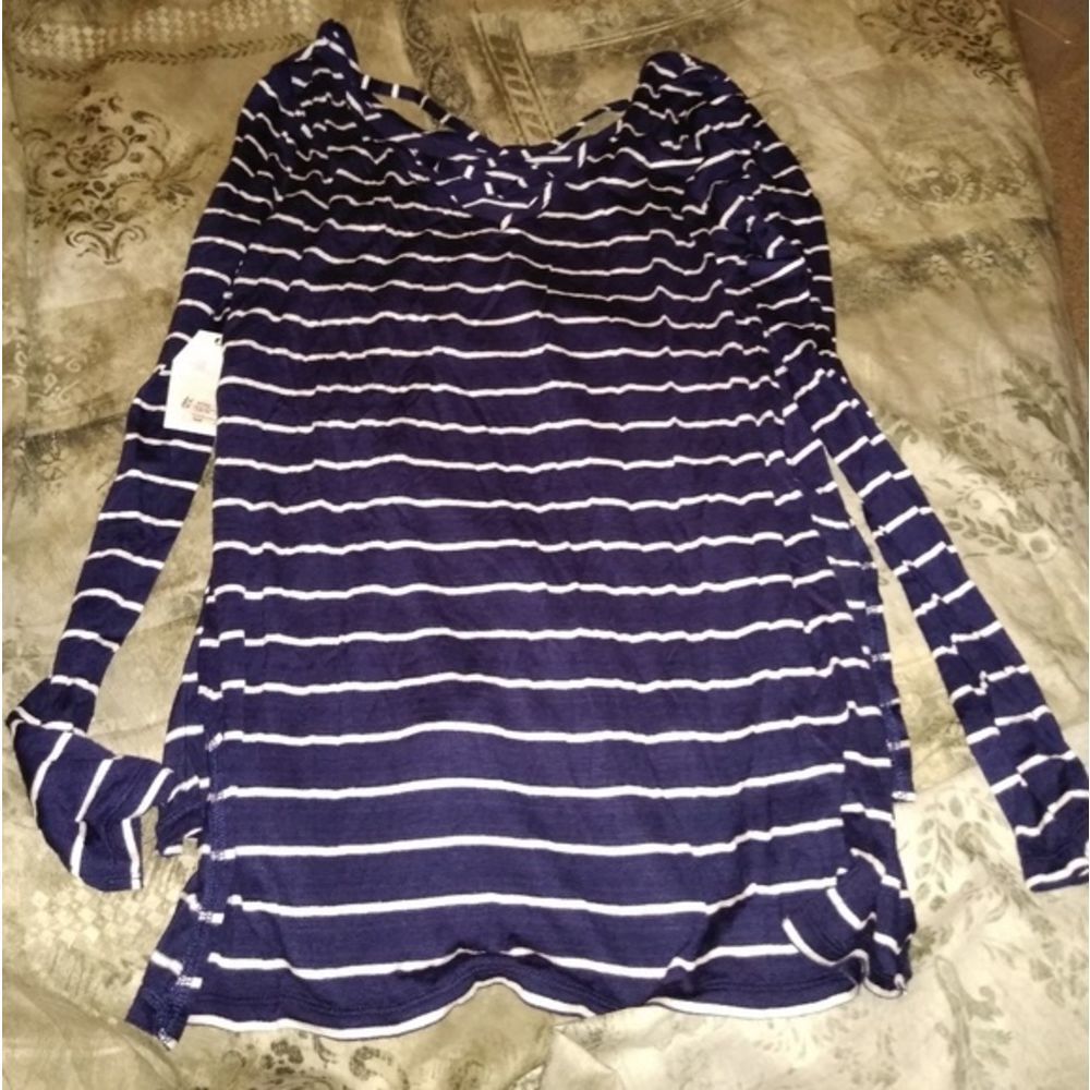Glits Womens stripe navy and white long sleeve blue blouse L